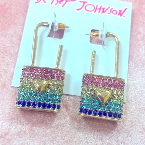 Brand New Betsey Johnson All You Need is Love Locket Crystal Rainbow Earrings - Picture 4 of 14